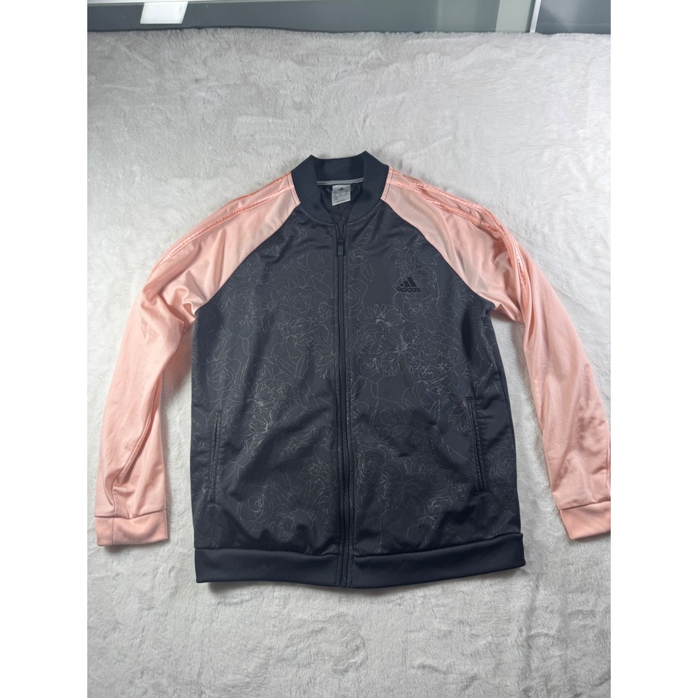 Adidas Embossed Floral Track Jacket Full Zip Black Pink Climalite Womens XL